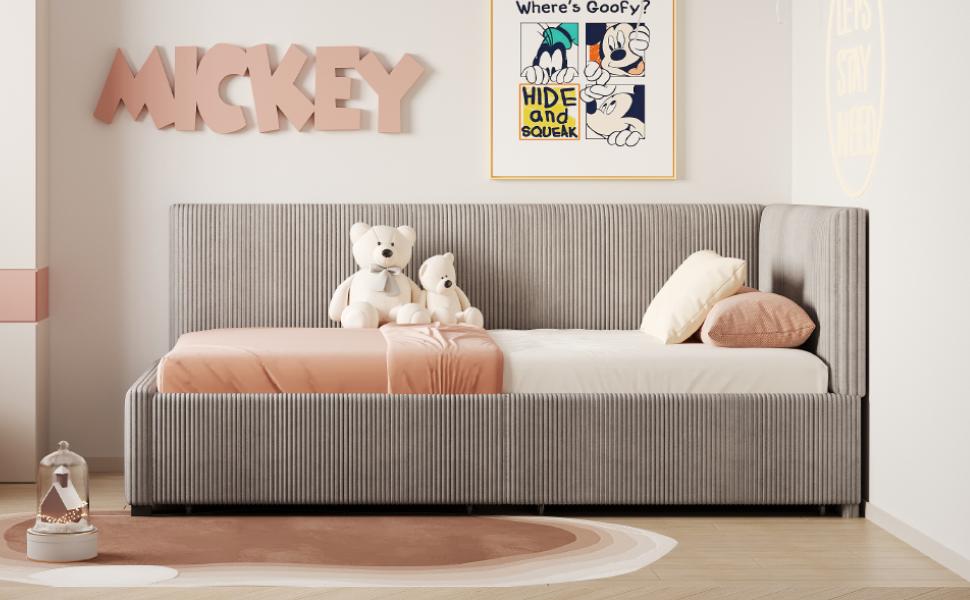 Upholstered Bed Sofa Bed 90*200 Multifunctional Bed with 2 Large Storage Drawers and Slatted Frame Skin-friendly Velvet Fabric Grey