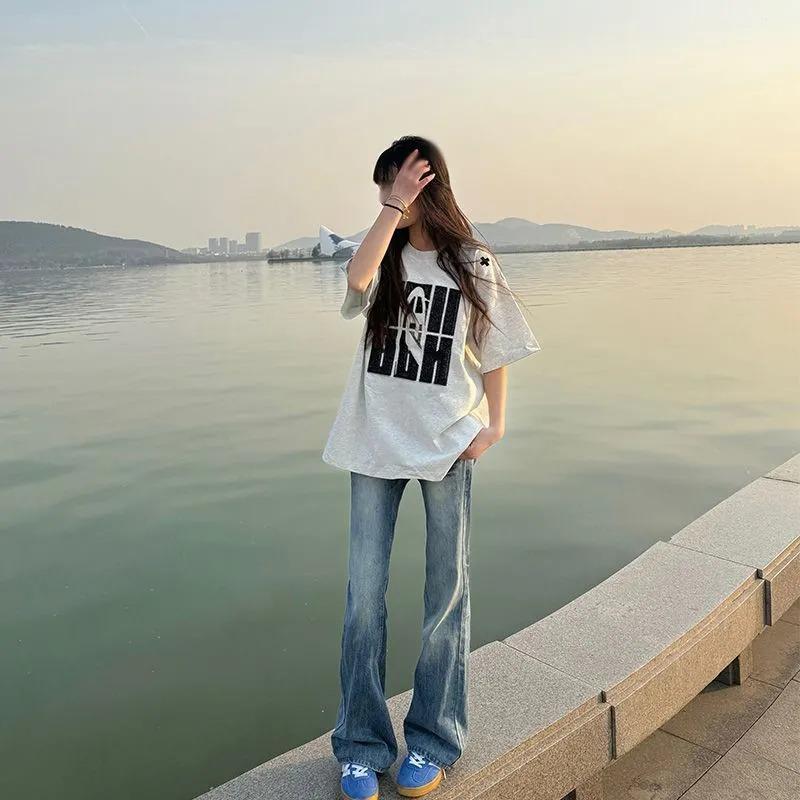 American Retro Embroidered Letter Short-sleeved T-shirt for Women National Fashion High Street New Summer Loose Lazy Style Top M серый