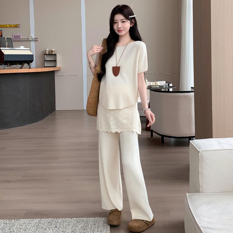Summer 2026 Maternity Knit Set: Batwing Top & Patchwork Skirt - Relaxed Korean Style 2XL