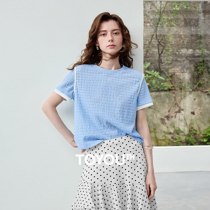 Chuyu Women s Color-block Bubble Mesh Round Neck T-Shirt S