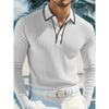 Men's White Ribbed Knit Contrast Trim Long Sleeve Polo Shirt