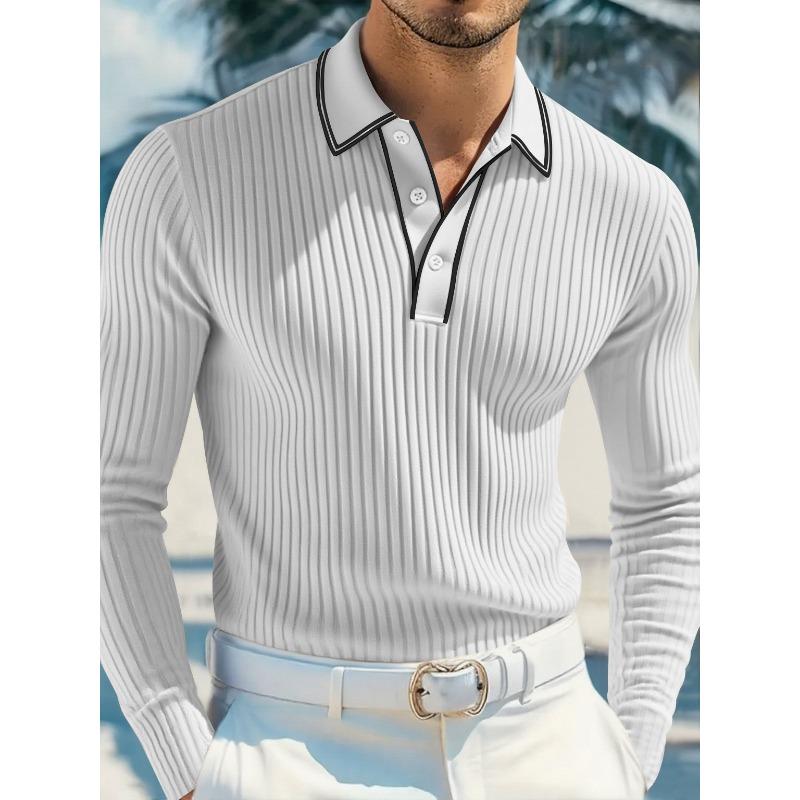 Men's White Ribbed Knit Contrast Trim Long Sleeve Polo Shirt