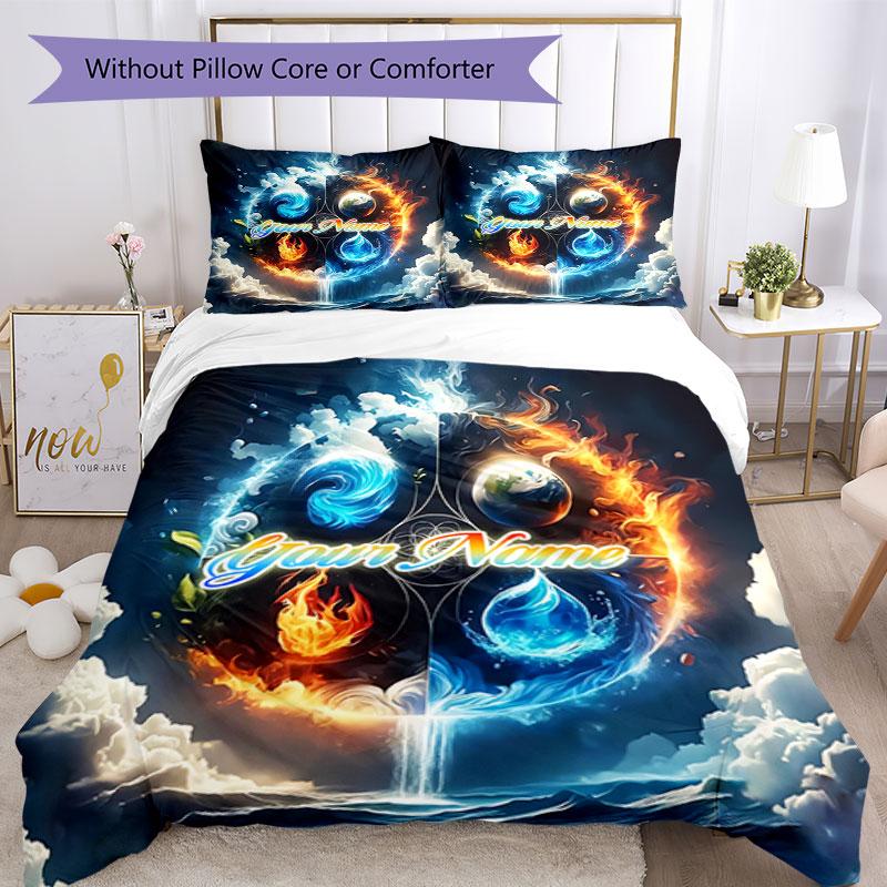 3PC Custom Name Flame Water Harmony Bedding Set Duvet Cover Closure Includes 1 Duvet Cover & 2 Pillowcases for Bedroom