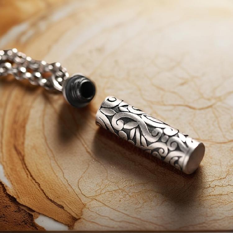 Collana Pendente Cavo in Argento Antico per Conservare le Scritture Design a Vite Inciso Include Rotolo di Preghiera Cinturino in Pelle