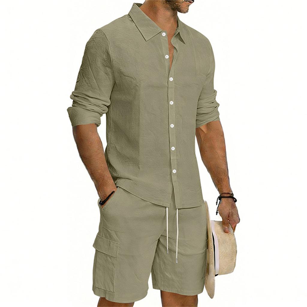 Men's Casual Long-sleeved Tooling Shirt Shorts Set