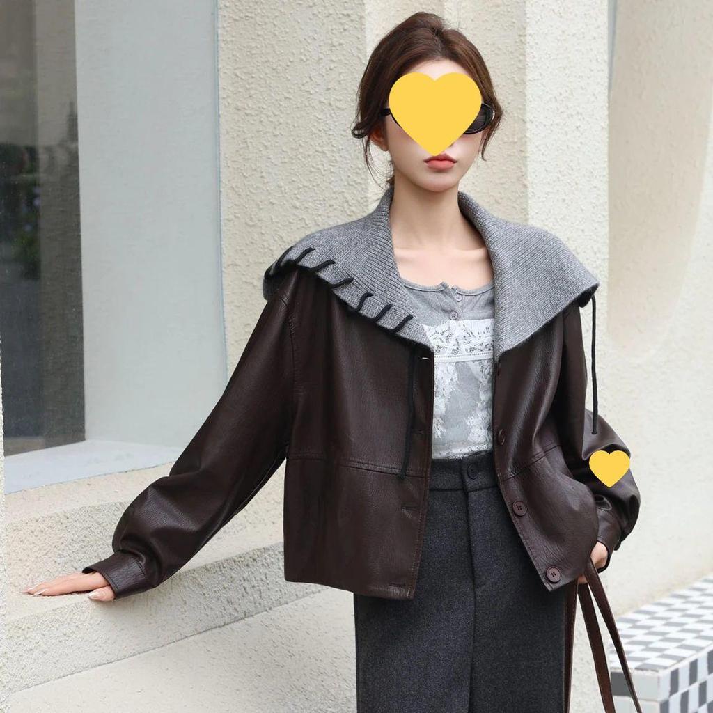 Women's Navy Collar Leather Jacket: Petite, Slimming, Short Coat in Black Spandex