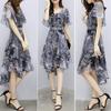 Floral Print Slimming Summer Dress for Plus Size Women with Pleated Hem V-Neck Short Sleeve Regular Waist Line Knee-Length
