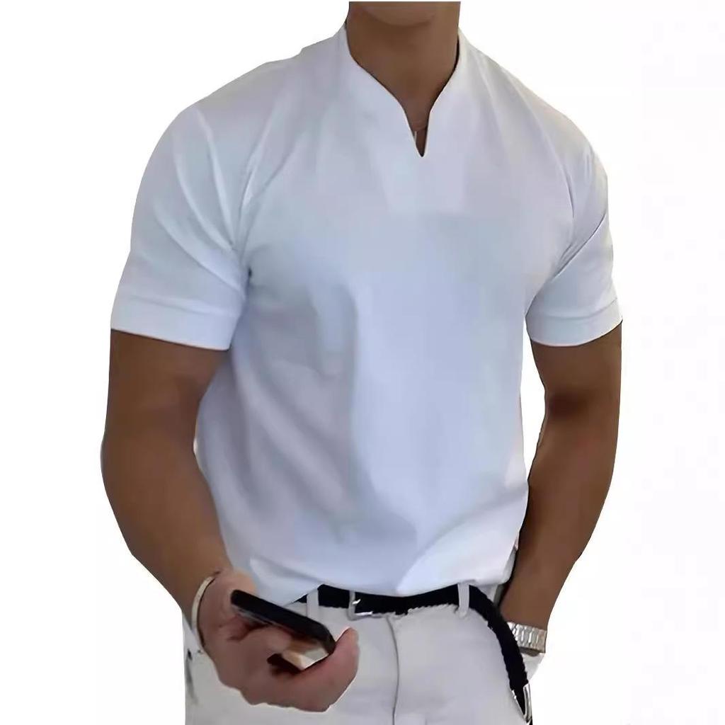 Summer New Muscle Men's Fitness T-shirt Elastic Cotton Short Sleeve Summer V-neck
