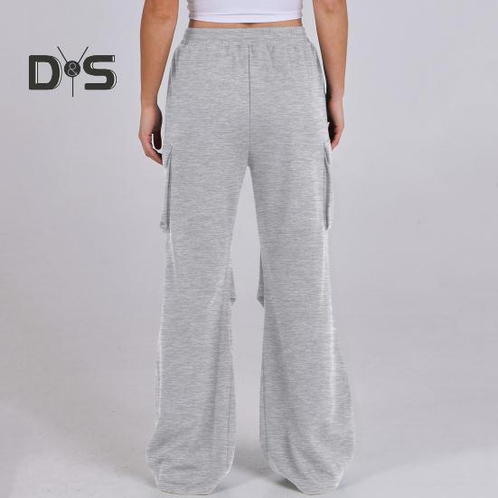 Women Cargo Pants Elastic Waist Mid-rise Straight Wide Leg Sweatpants with Multi Pockets Solid Color Casual Jogging Pants Loose Lounge Pants