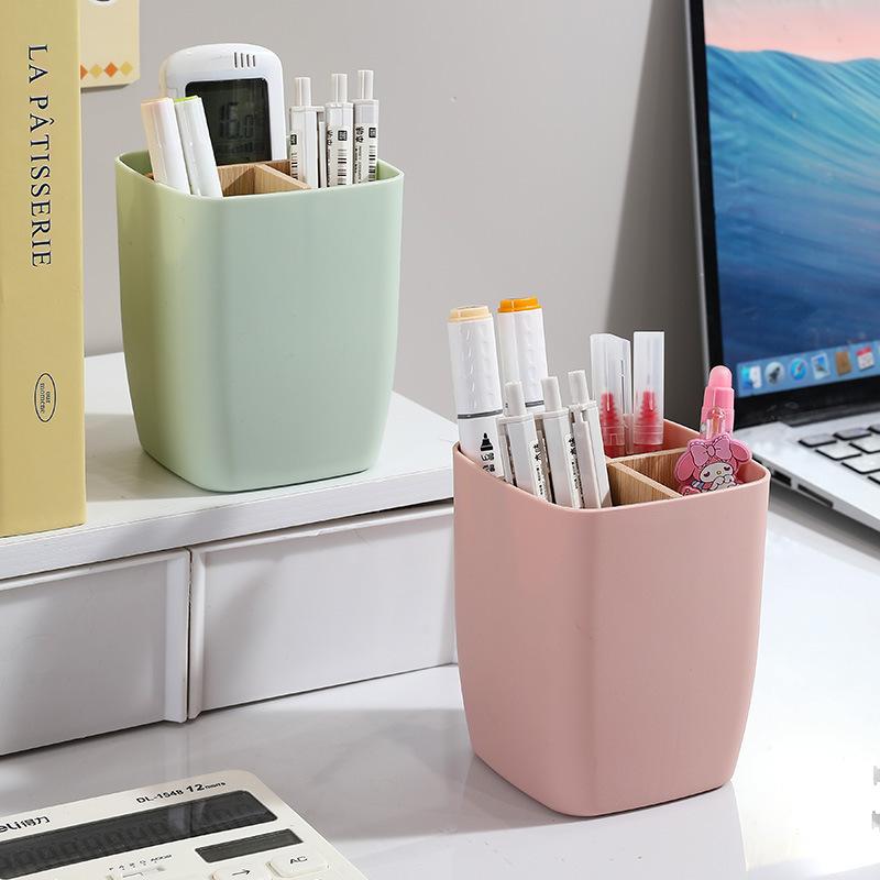 2pcs Bamboo-Like Plastic Desk Organizer with Pen Holder & Jewelry Storage - 3/4 Compartment Standalone Multi-Purpose Box