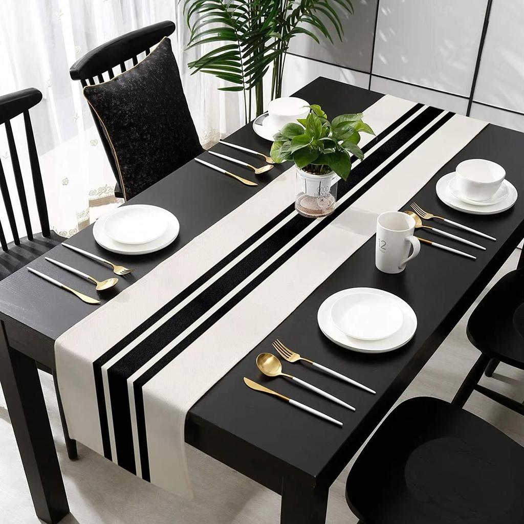 Table Runner 1PCS Geometric Stripe Linen Black & White Plaid Tablecloth Placemat Home Decoration Tablecloth Tea Flag