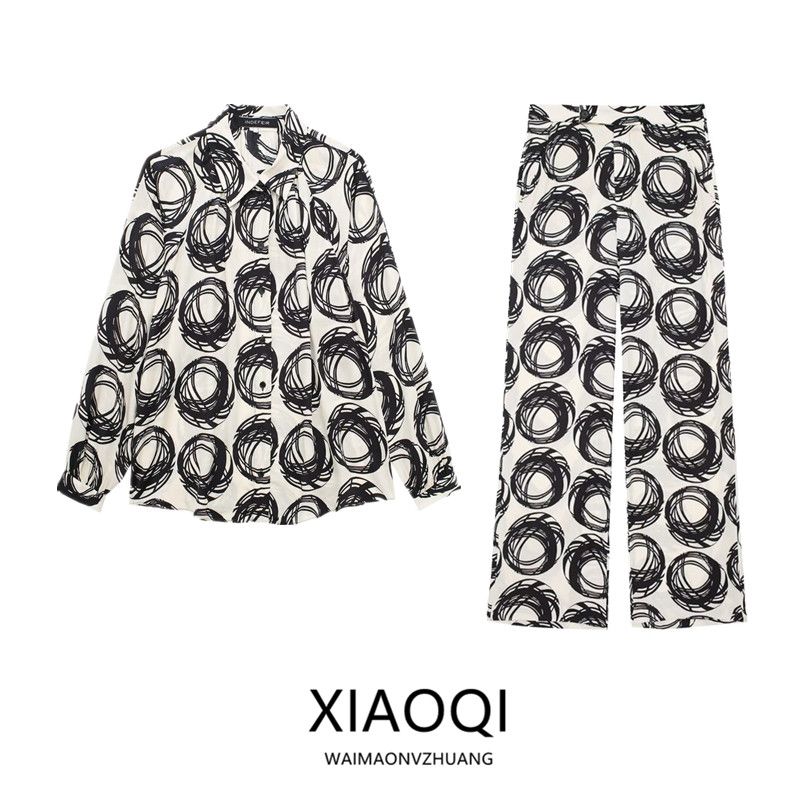 Fashion Style 2024 Spring New Arrival Women's Clothing Temperament Long Sleeve Lapel Print Shirt High Waist Pants 4043045