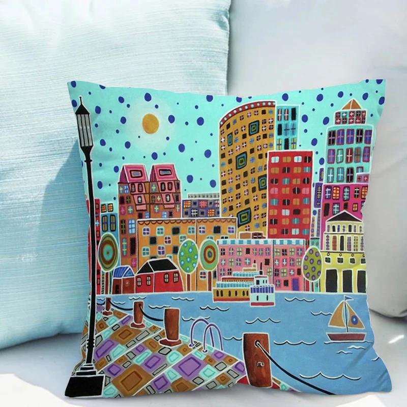 Retro Rural Color Cities Pillows Cushions 40x40 Car Double-sided Printing Room Decor Sofa Pillow Cover Cushion Short Plush Couch
