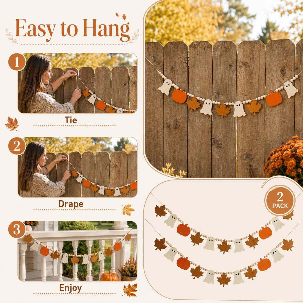 Halloween Pumpkin Wooden Bead Garland for House Background Decoration