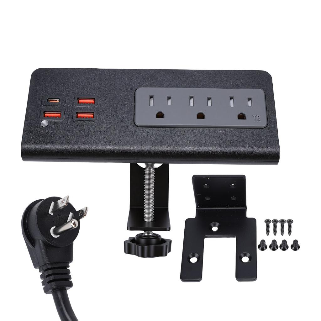 Desk Clamp Power Strip 15A 1875W 3 AC Outlets 3 USB A 1 PD20W USB C Ports Desktop Edges Mount Power Strip Surge