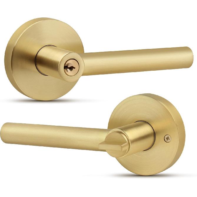 Moquin Brass Gold Heavy Duty Round Design Door Lever, Keyed Entry Door Handle in Gold, Reversible Door Lock for Front Entrance Door