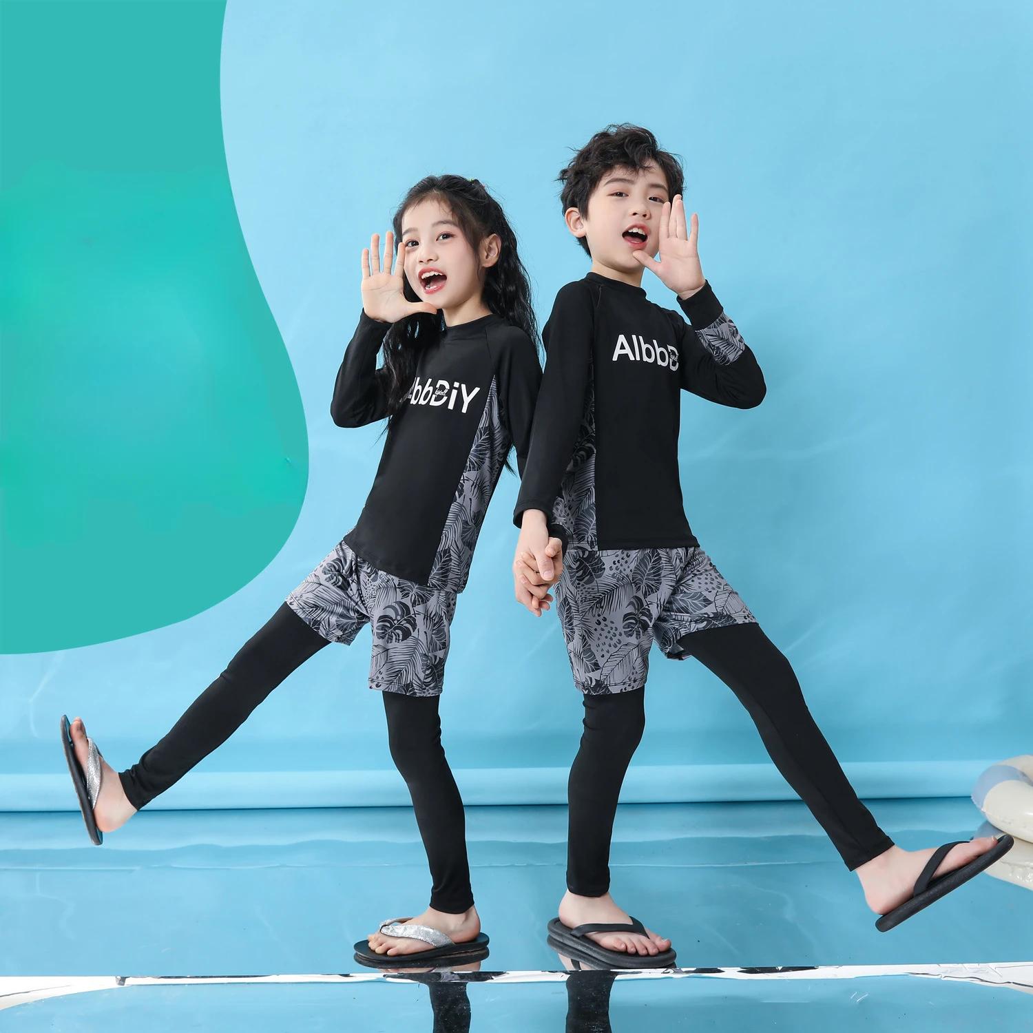 

3-piece Set Summer Kids Swimwear Long Sleeved Sun Protection Surfing Clothing Swimming Suit Boys Girls Diving Suit Beachwear 3XL