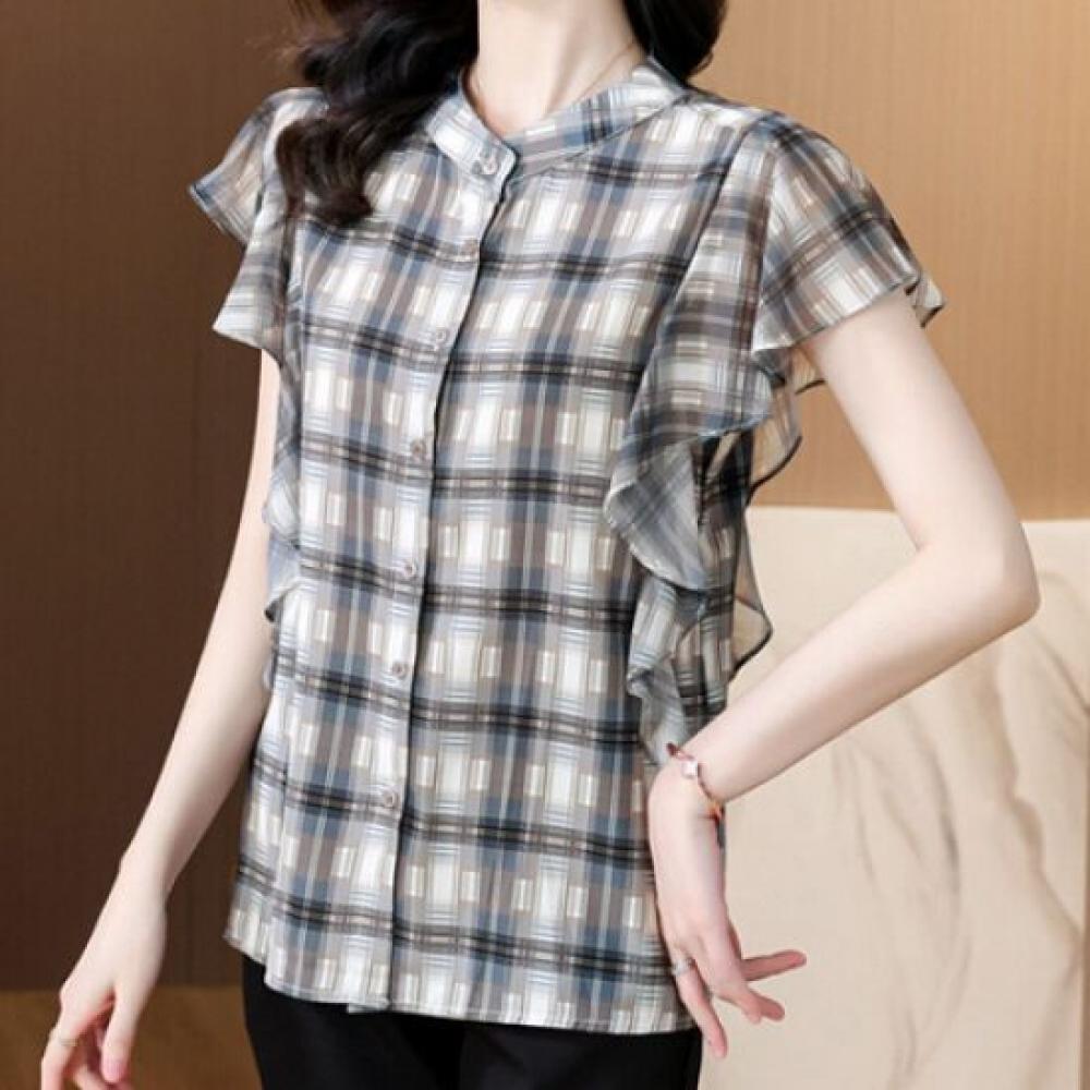Navava Vintage Frill Check Cap Sleeve Blouse Nb2127