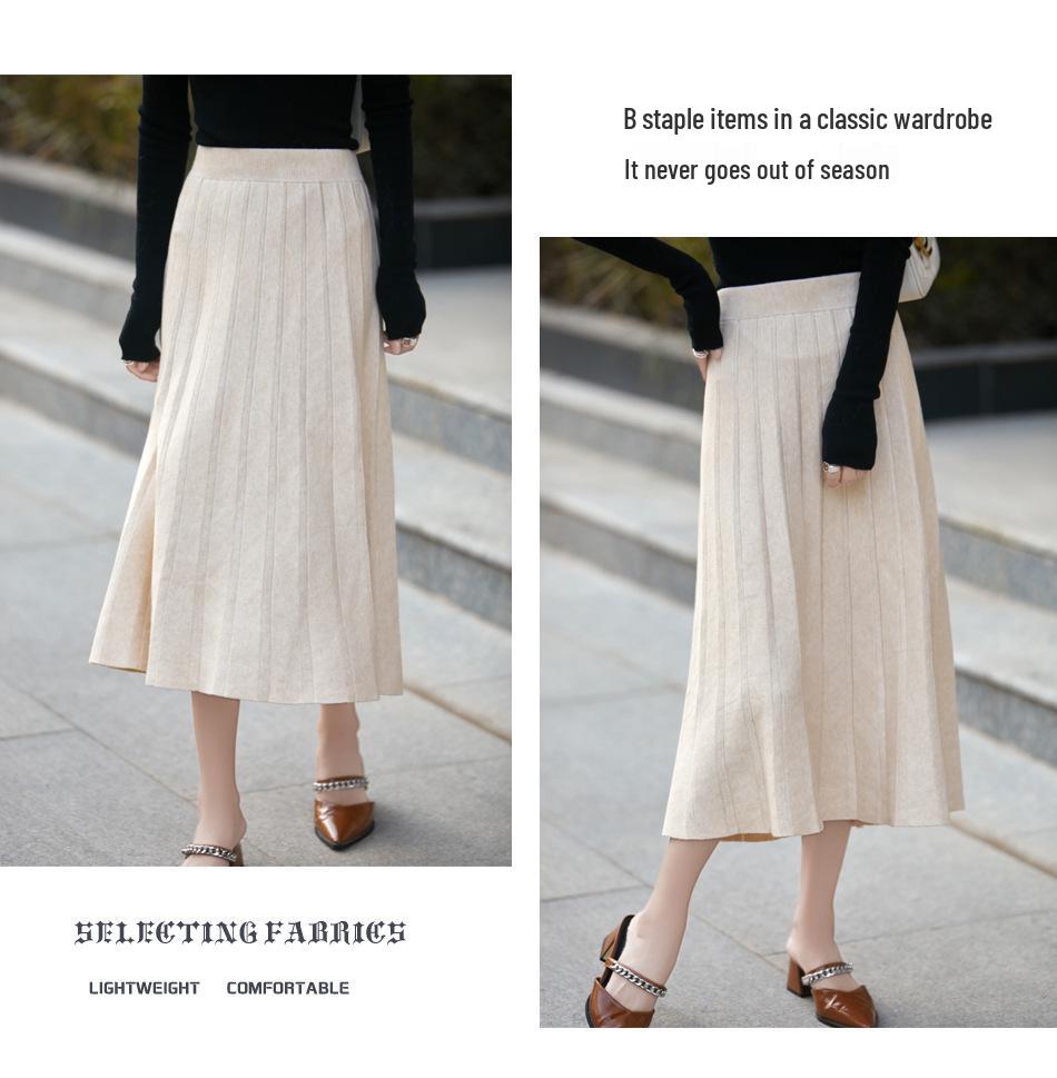 Women's Gray High-Waist Pleated A-line Skirt for Autumn/Winter - Mid-Length, Slimming, Petite Fit