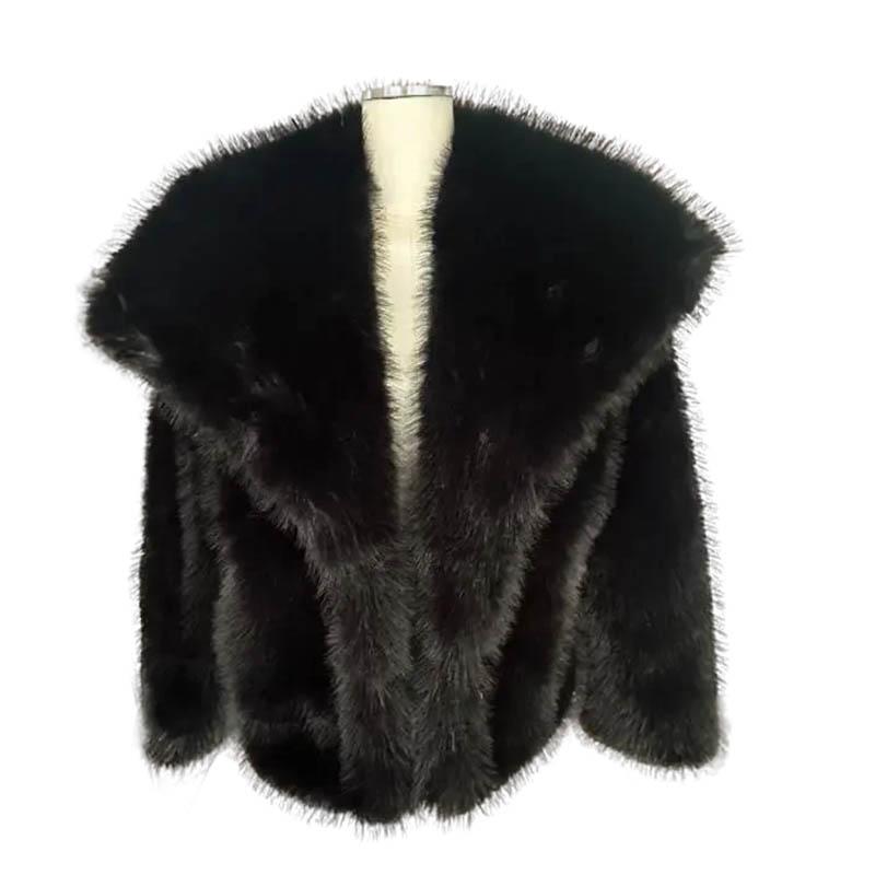 Women Fashion Cropped Faux Fur Jacket Coat Long Sleeve Front Snap-button Female Outerwear Chic Lapel Collar Thick Coat