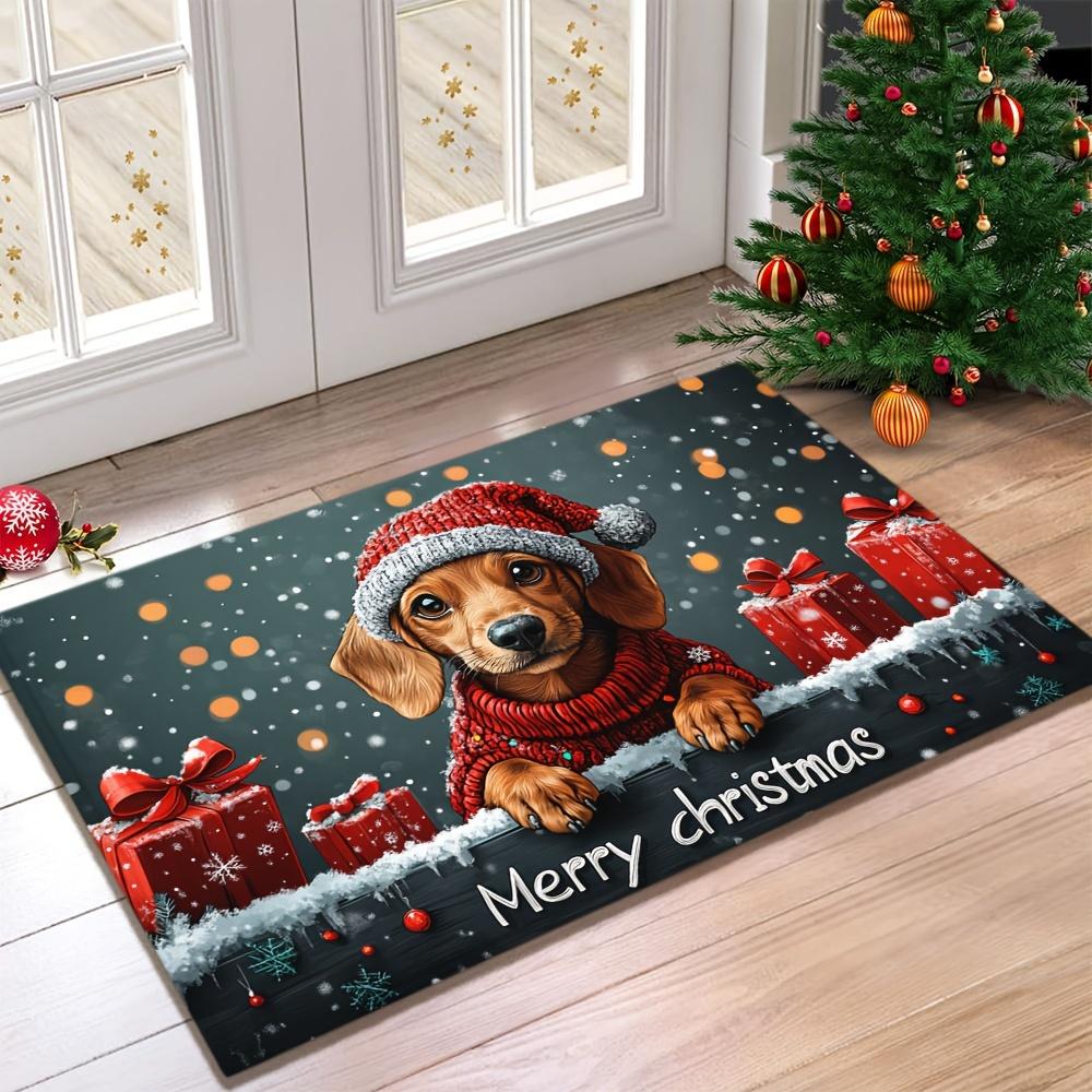 Christmas Doormat Non‑Slip Front Entrance Rug Washable Indoor Outdoor Xmas Retro Wreath Golden Border Winter Holiday Home Mat