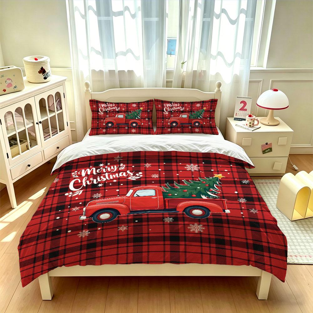 3pcs(1 bedspread + 2 pillowcases) featuring a red truck-themed Christmas tree pattern on plaid base home decoration item