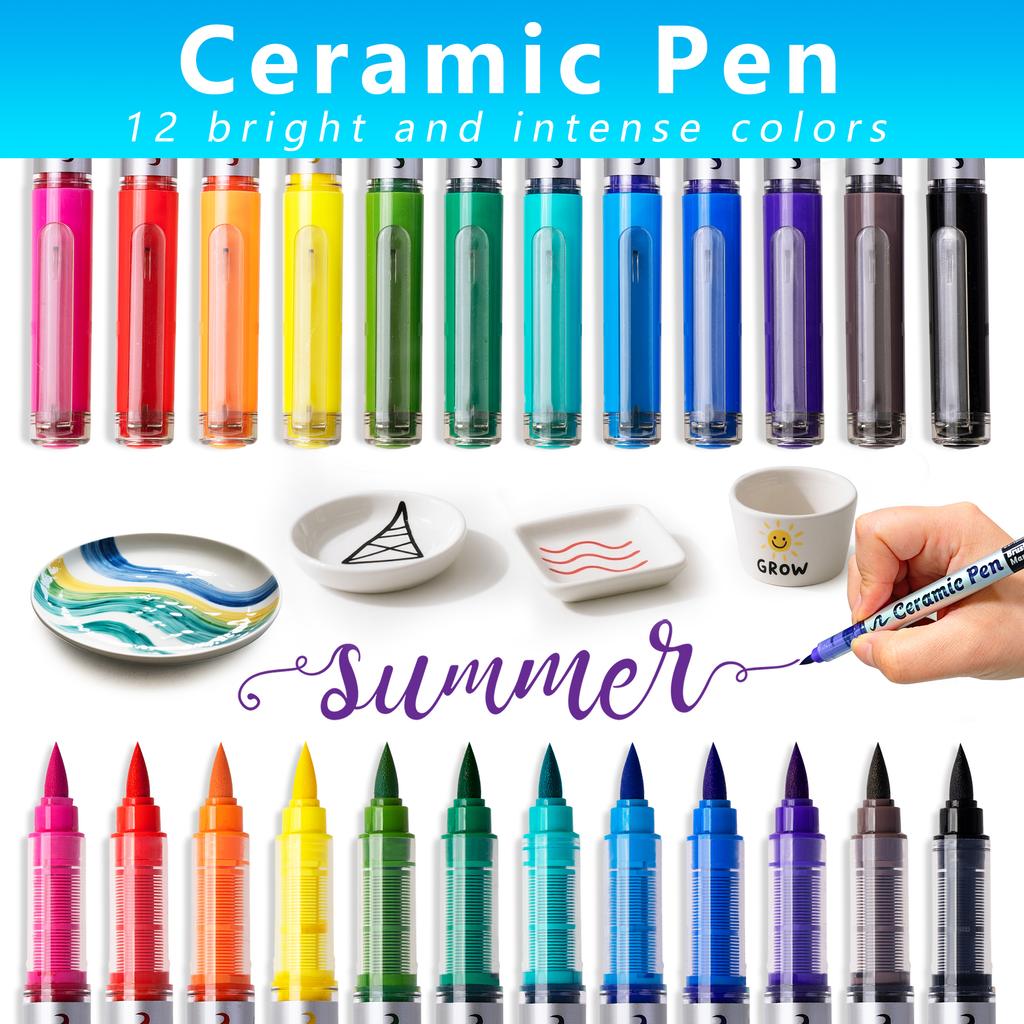 Permanent Marke Ceramics Pens 12 Colors Porcelain Paint Brush Pen for Both Glazed and Unglazed Christmas Decoration Wine Markers
