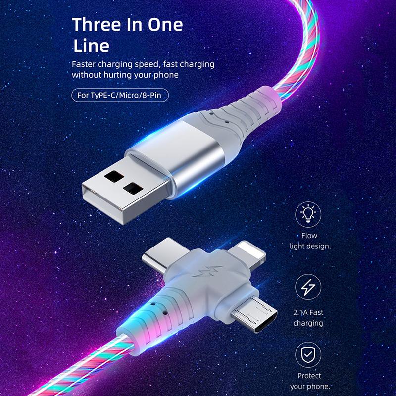3 in 1 LED Leuchten Fließendes Ladekabel Leuchtende Beleuchtung Schnellladung Micro USB Typ C 1 Meter Länge Für Foto Drahtkabel