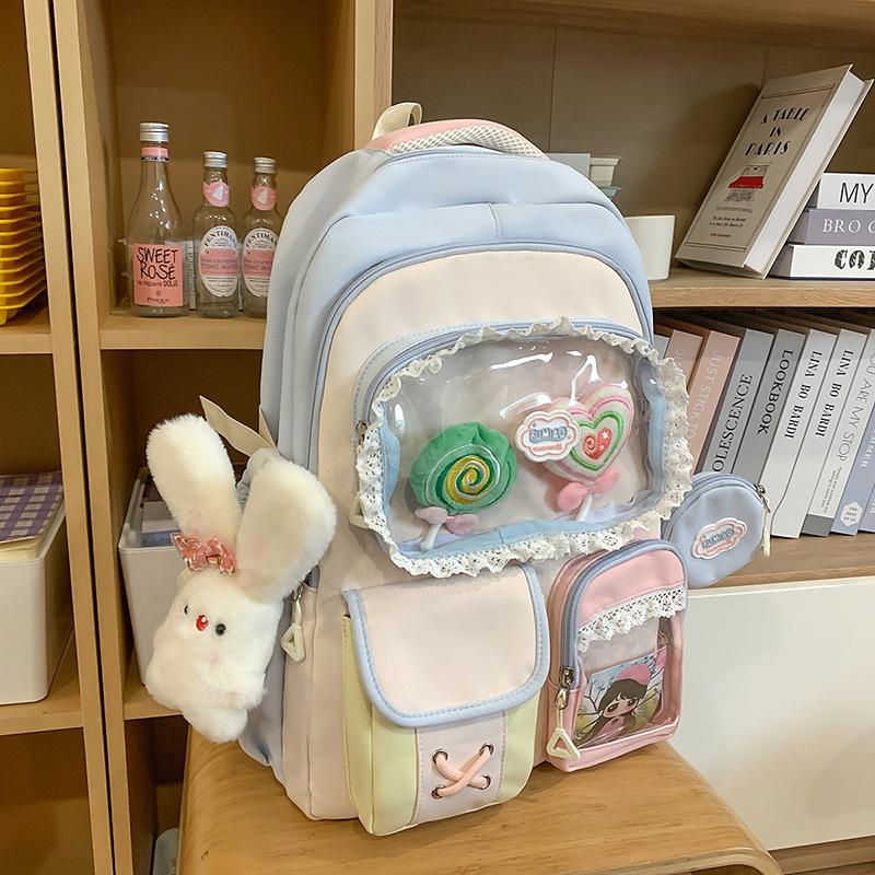 High value dopamine sweet contrasting color girl heart backpack college wind junior high school students multi-compartment backpack