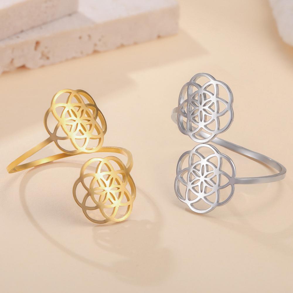 Dawapara Flower of Life Cutout Women Adjustable Ring Mandala Sacred Geometry Yoga Kabbalah Jewelry Stainless Steel
