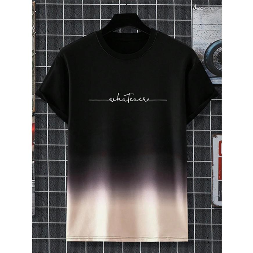 Gradient Letters Crew Neck Short Sleeve Alphabet Print T-Shirt Casual Weekend Wear for Men and Teens Vacation Resorts Spring/Summer/Fall
