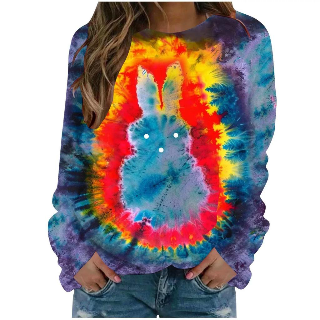 Round Neck 3D Tie Dye Rabbit Printed Top Fashionable Casual Long Sleeved Women's T-shirts