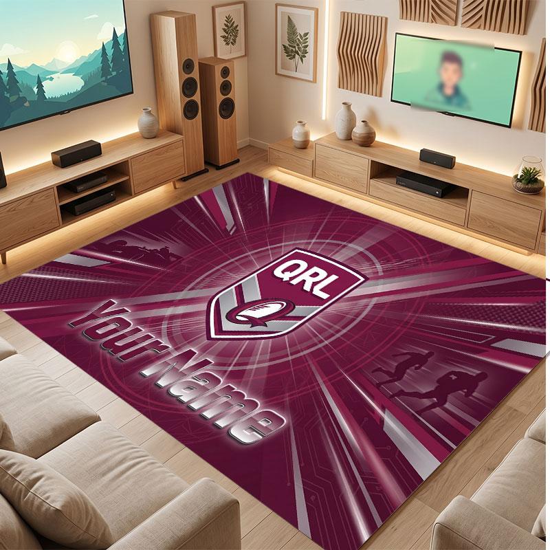 Personalisierter Kristall-Samt-Teppich der Queensland Maroons, Weicher Anti-Rutsch-Teppich mit individuellem Namens-Text für Wohnzimmer, Schlafzimmer