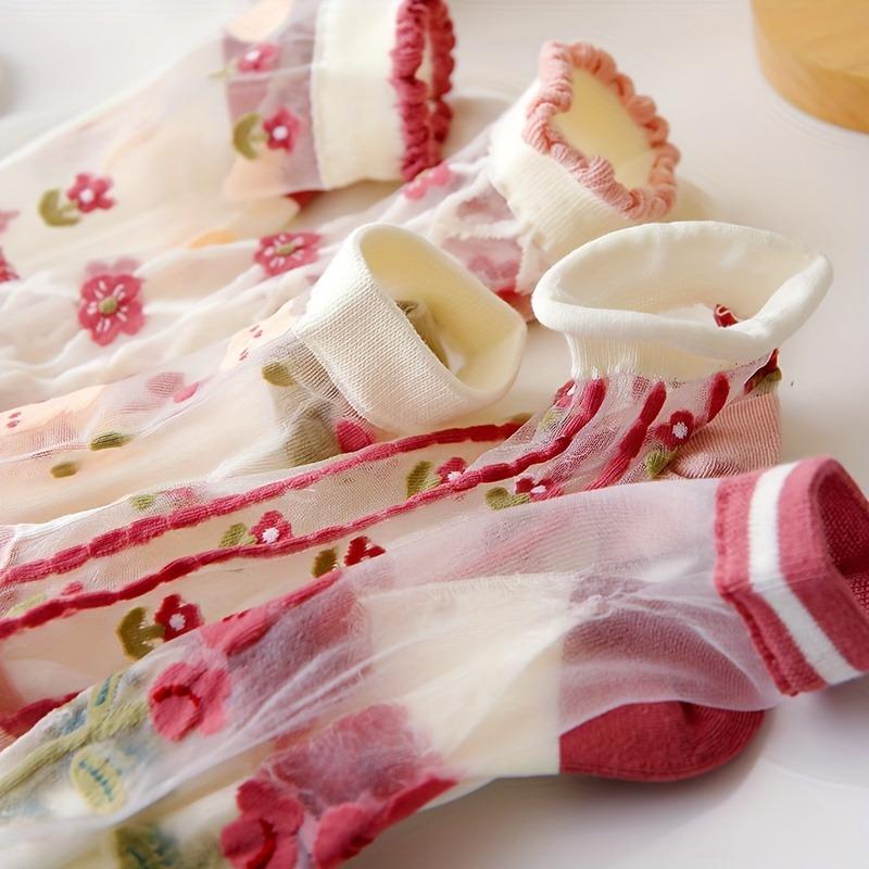 5 Pairs Spring And Summer Collection Adolescent Crystal Cute Little Bear Flower Glass Fiber Short Socks., for Teenager, For Teenager