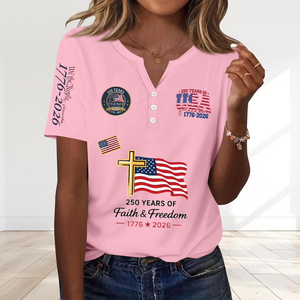 Women's Fashion Casual 250th Anniversary Independence Day Print V-Neck Short Sleeve Decorated Button-Up T-Shirt