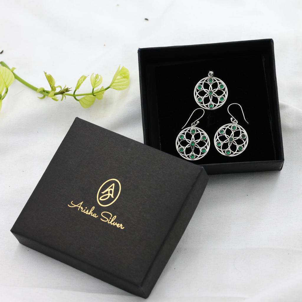 Green Zircon Pendant Earring Set, 925 Sterling Silver Handmade Jewelry, Silver Women Jewelry, Gift For Her An0446-384