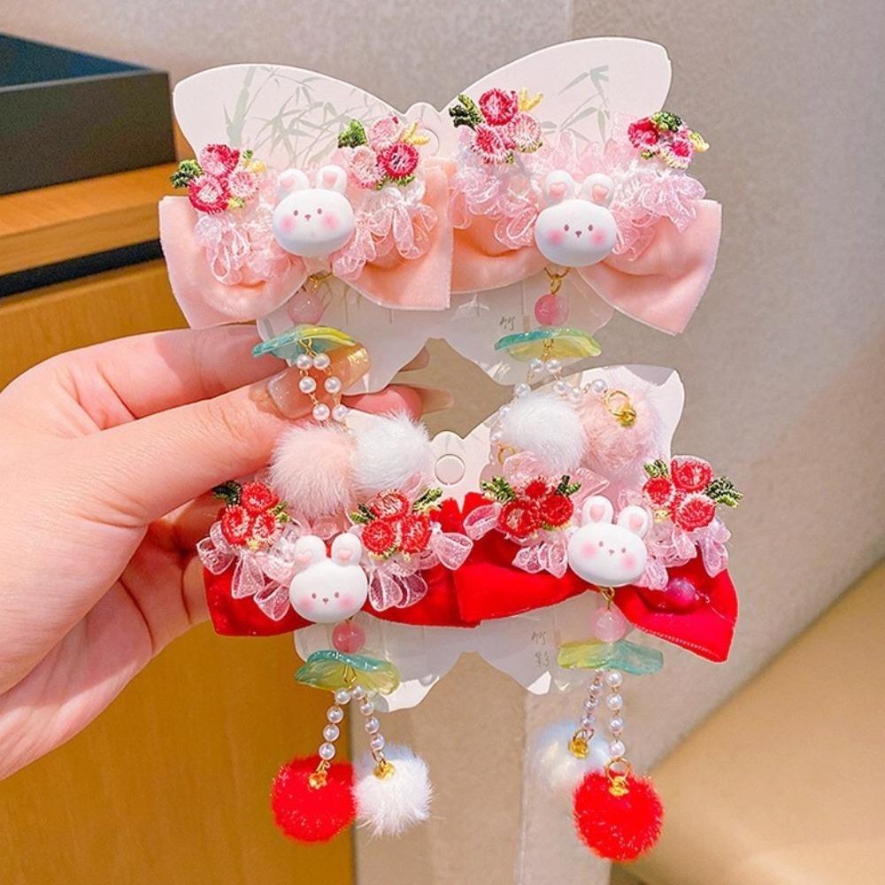 Cute Plush Fringe Hairpin Bowknot Chinese Style Barrettes Children's New Year Hair Clip  Festival