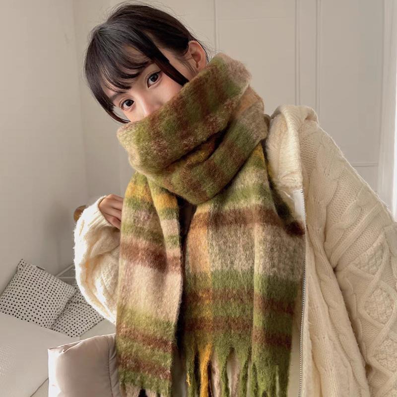 Trendy Stripete Tykt Skjerf med Frynser Tykt Kuldebeskyttende Rutete Store Skjerf Klassisk Vindtett Sjal For Kvinner Høst & Vinter