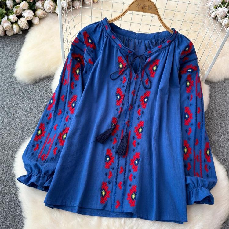 Summer Vintage Women Blouse Embroidered Puff Sleeve Color Block Ethnic Style Camisa Feminina Casual Tops