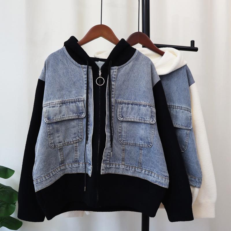 Hooded zipper splicing denim knitted double-sided cardigan autumn and winter new loose casual sweater jacket women