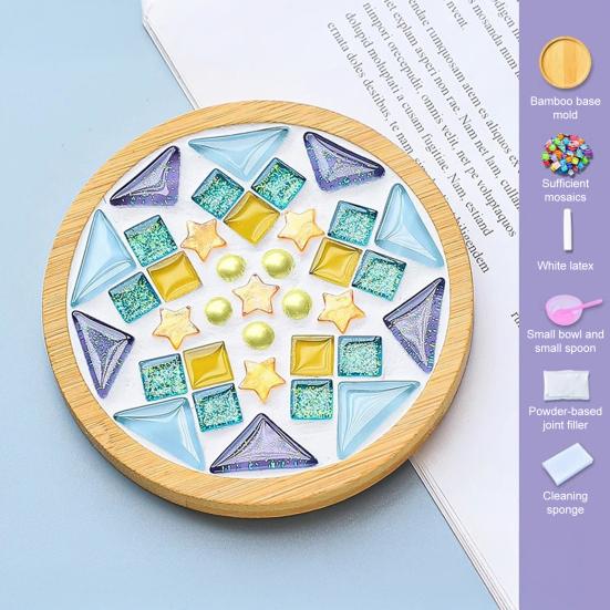 DIY Glass Mosaic Tile Coaster Set Mixed Color Mosaic Kit with Wooden Coaster Kids Adults Handmade Mosaic Crafts Coaster with Accessories