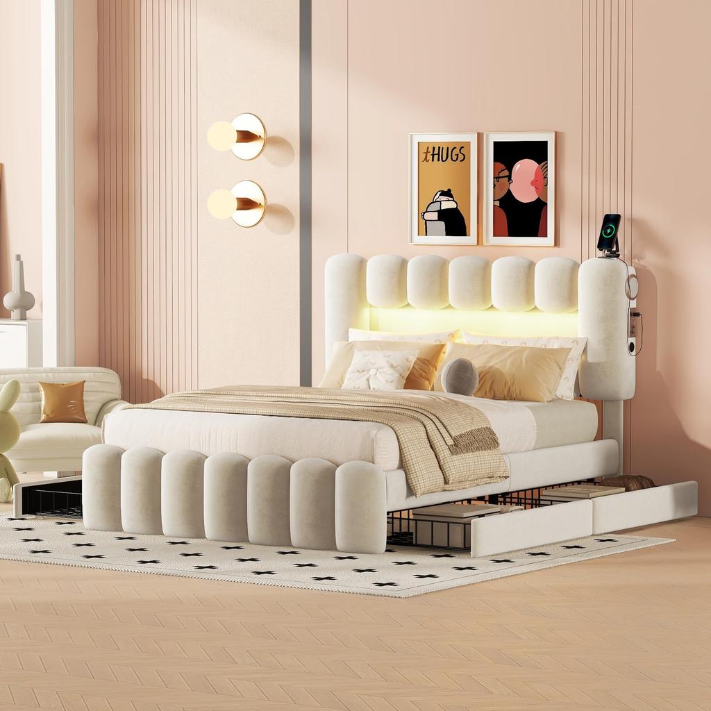 Upholstered Bed 140x200 LED 4 Drawers Slatted Frame Height-Adjustable Headboard USB Stereo Velvet Youth Bed (without Mattress)