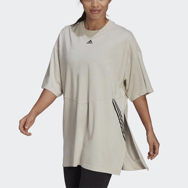 Adidas Oversized Tee Training Sports Striped Print Side Slit Round Neck Short Sleeve Drop Shoulder T-Shirt Women Tops Phosphor-Brown H47489