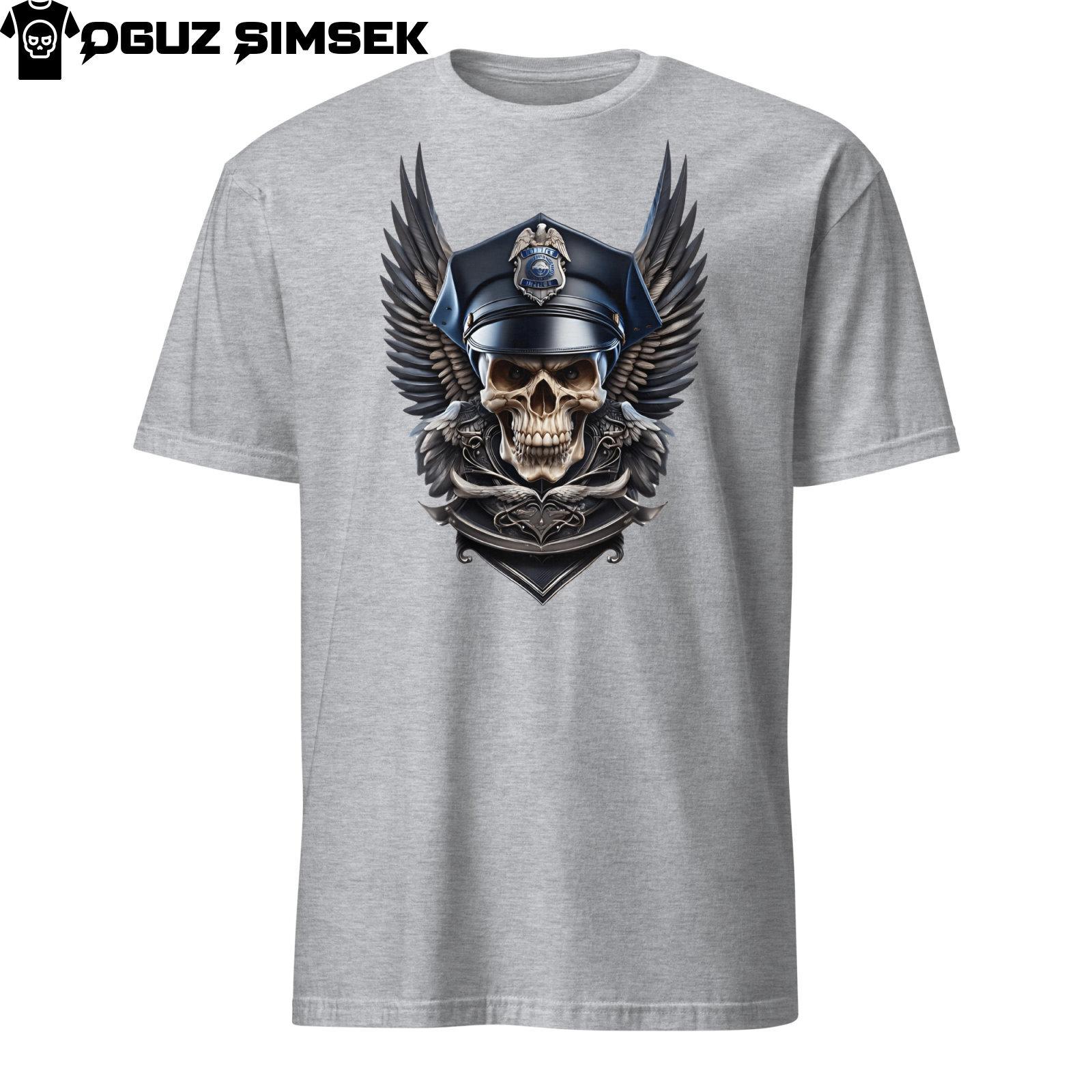 Skull with Police Hat and Wings Graphic Unisex Short-Sleeve T-Shirt Mens Womens Tees Top Tee 3XL