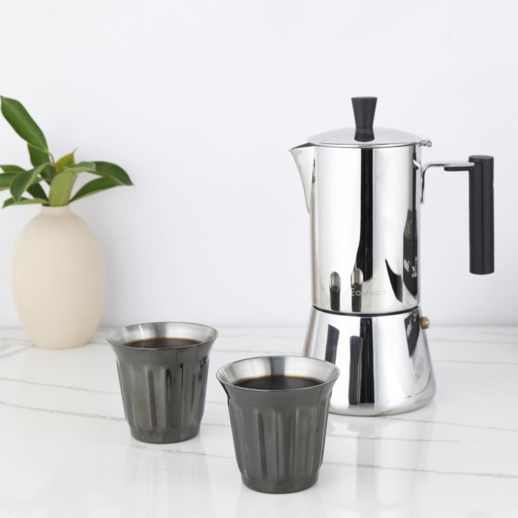 Easyworkz Espresso Stainless Double Wall Vertical Striped For Both Hot and Cold 150ml of Gunmetal Cup, Steel, Insulated, Design, Use, "Set 2"