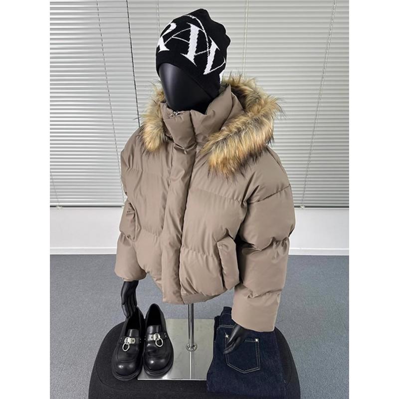 Mens Winter Hooded Puffer Jacket With Detachable Faux Fur Collar Short PU Leather Coat Couples Casual Wear