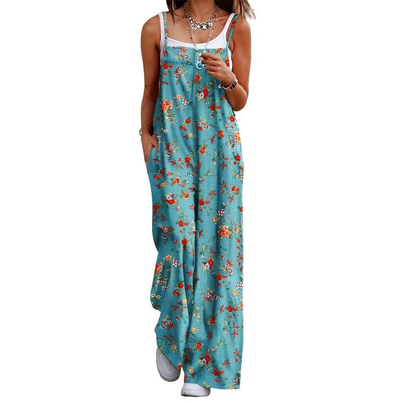 DAFIFY Women's Fashion Casual Summer Spring Flower Pattern Print Sleeveless Suspenders Loose Waistline Trousers Jumpsuits & Rompers