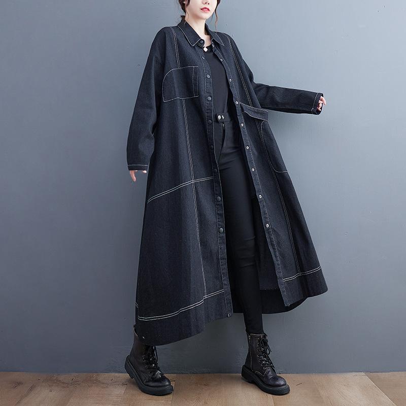 Women's Long Sleeve Denim Coat Turn Down Collar Vintage Loose Fit Trench Coat