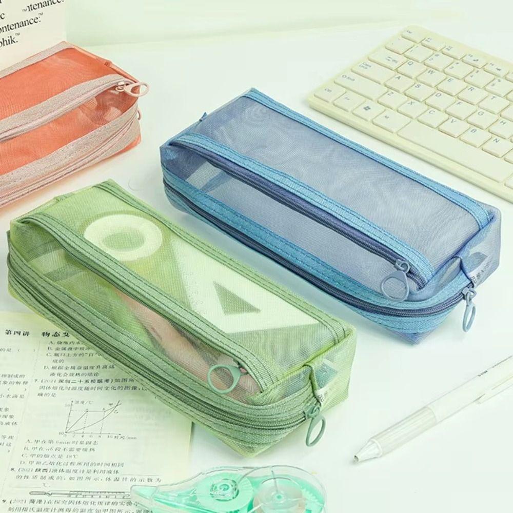 Transparent Pen Bag Mesh Stationery Organizer Portable Pencil Case School Office