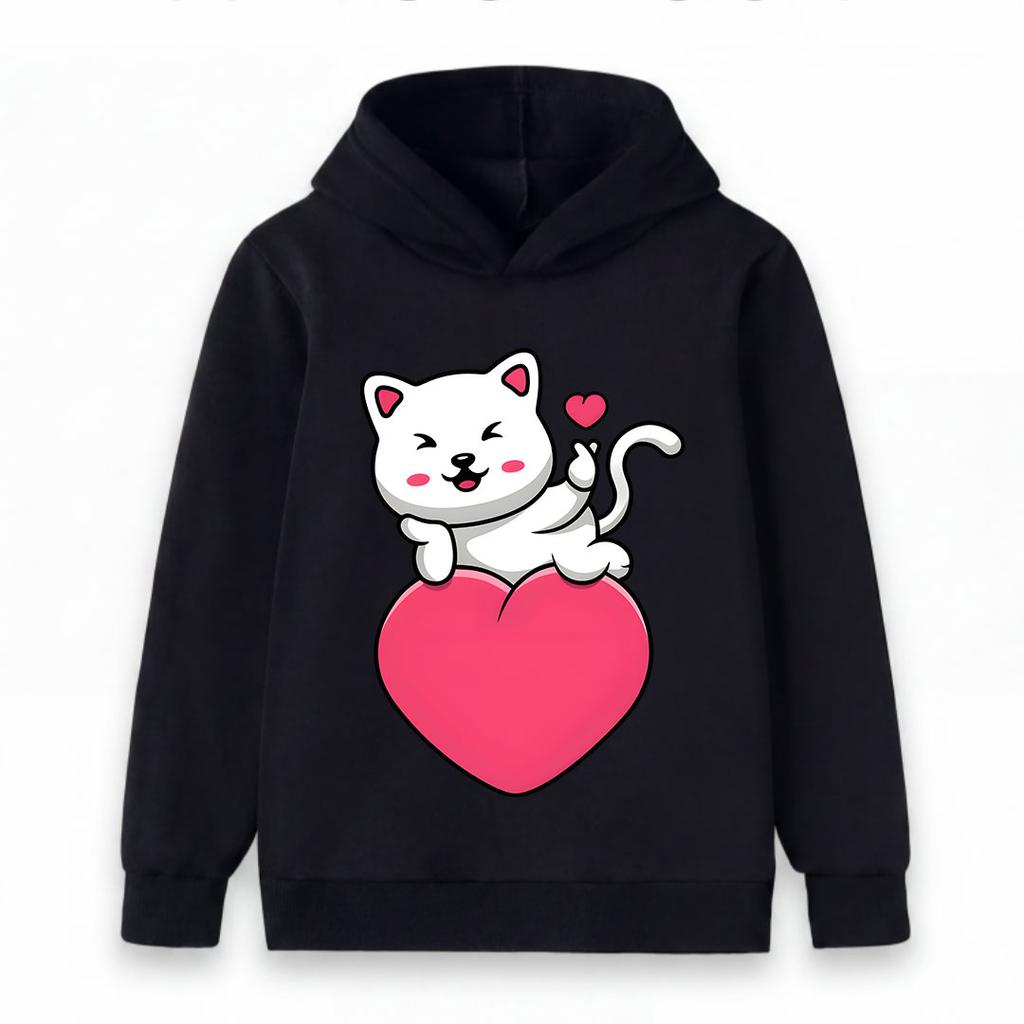 Kids Boys Girls Pullover Hoodie, Cute White Cat Blowing Kiss Print Warm Casual Hooded Sweatshirt for Daily Wear Gift for Cat Lovers, Soft